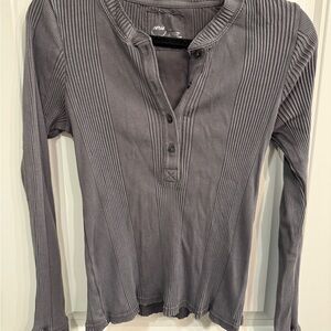 Aerie Gray Ribbed Button Down Shirt with Mandarin Collar